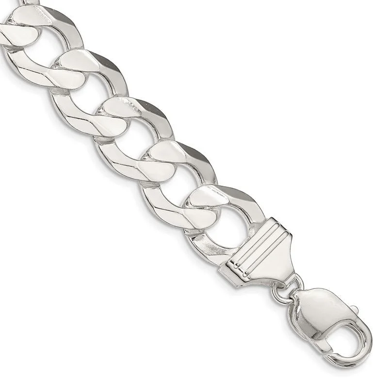 Ladies bracelets with agate -Sterling Silver 13.8mm Concave Beveled Curb Chain Bracelet