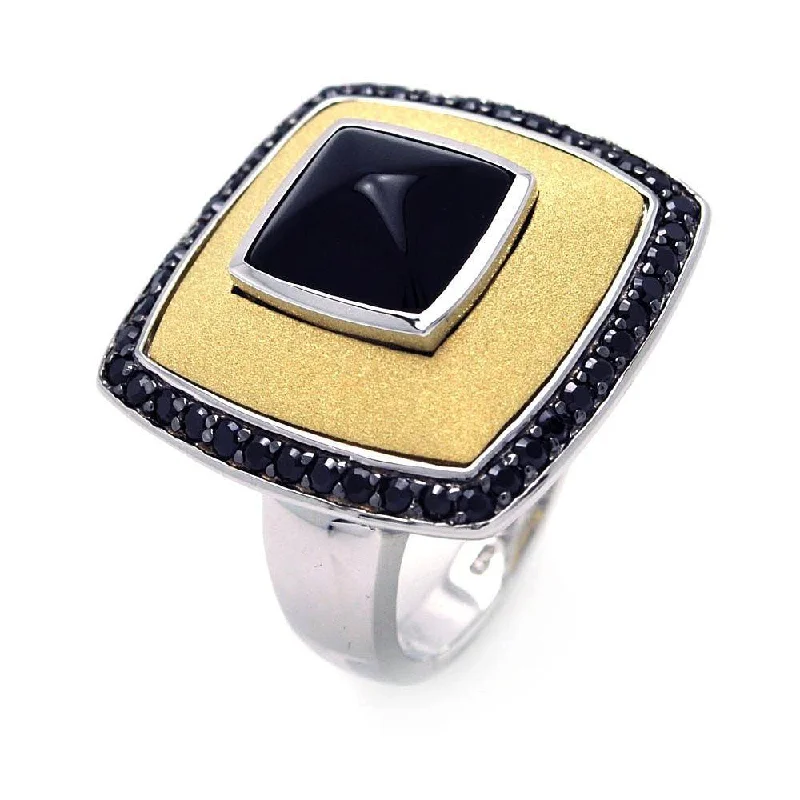 ladies ring bold statement gem-Clearance-Silver 925 Rhodium Black Rhodium and Gold Plated 3 Toned Black CZ Square Ring - BGR00273