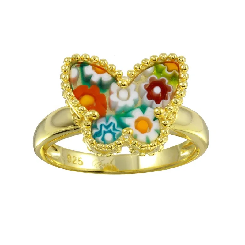 ladies ring mother’s love design-Gold Plated 925 Sterling Silver Butterfly Murano Glass Beaded Design Ring - MR00012