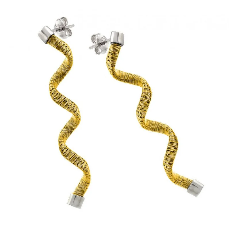 ladies-short-pearl-earrings-Silver 925 Rhodium and Gold Plated Long Spiral Dangling Stud Earrings - ECE002GP