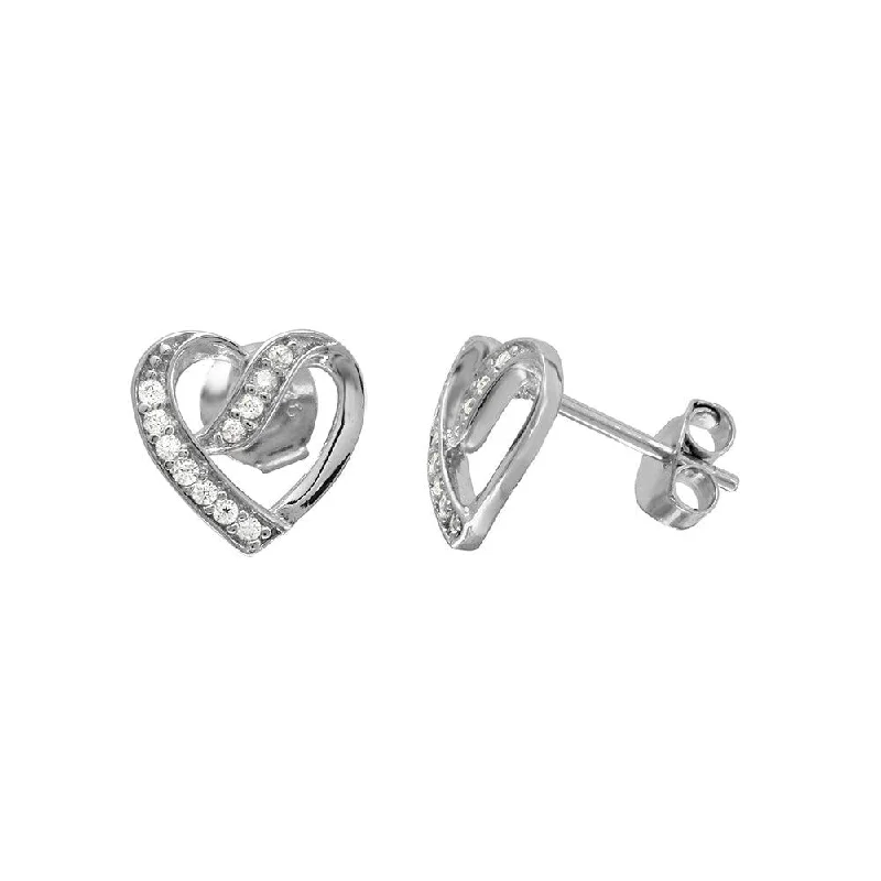 ladies-moon-gold-earrings-Rhodium Plated 925 Sterling Silver CZ Open Overlap Heart Stud Earrings - BGE00503