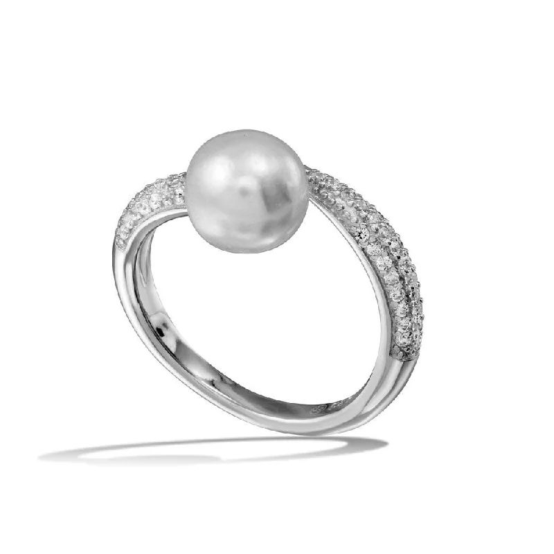 ladies ring winter snowflake-Rhodium Plated 925 Sterling Silver CZ Fresh Water Pearl Center Ring - BGR01124