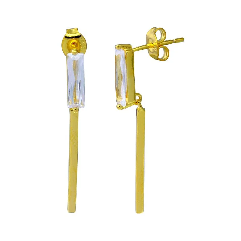 ladies-tassel-drop-earrings-Gold Plated 925 Sterling Silver Rectangle CZ Earrings with Dangling Bar - STE01085GP