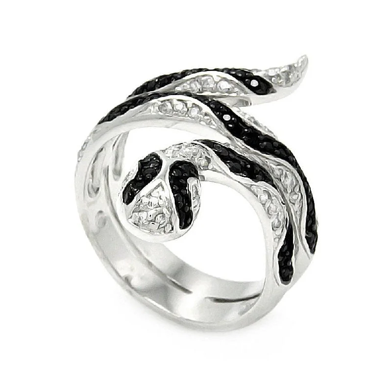 ladies ring matte zirconia-Silver 925 Rhodium and Black Rhodium Plated Clear and Black CZ Snake Wrap Ring - BGR00446