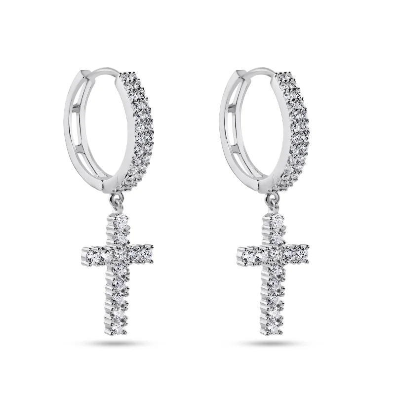 ladies-elegant-pearl-earrings-Sterling Rhodium Plated 925 Sterling Silver Moissanite Cross Hoop Earring - MGME00037