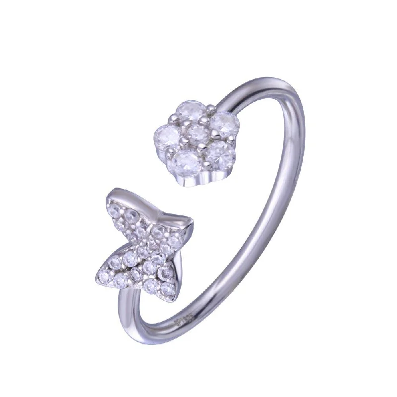 ladies ring luminous halo design-Rhodium Plated 925 Sterling Silver Butterfly Flower with Clear CZ Ring - STR01147