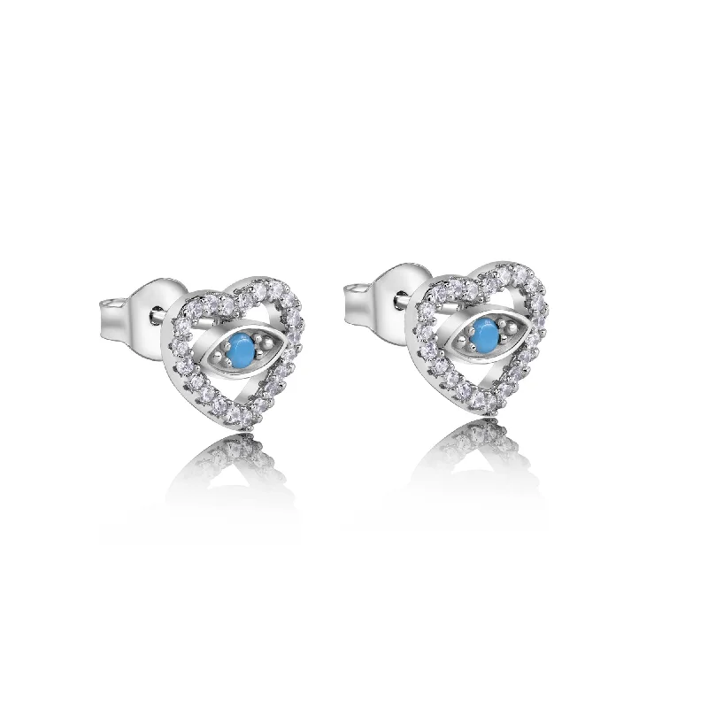 ladies-dangle-silver-earrings-Rhodium Plated 925 Sterling Silver Evil Eye Heart Clear CZ Stud Earrings - BGE00750