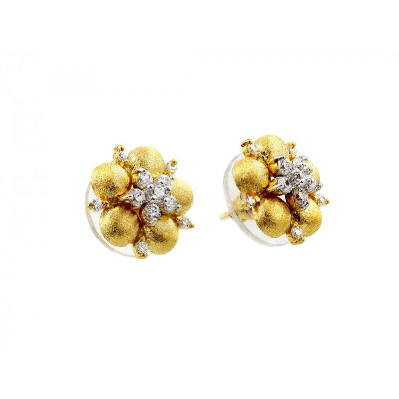 ladies-drop-diamond-earrings-Silver 925 Gold Plated Flower Center Clear CZ Stud Earrings - BGE00116