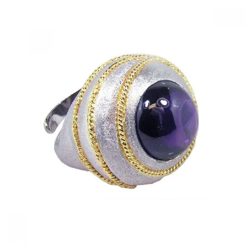 ladies ring tropical palm detail-Clearance-Silver 925 Rhodium With Gold Plated Rope Purple Amethyst Dome Ring - STR00309