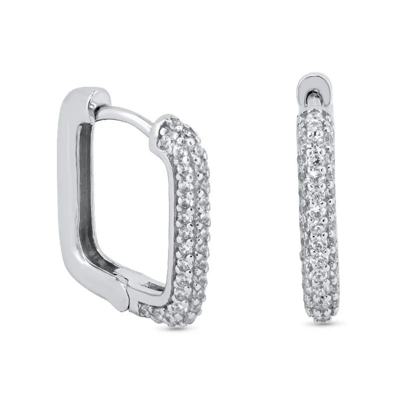 ladies-gift-hoop-earrings-Rhodium Plated 925 Sterling Silver Square CZ Hoop Earrings - GME00123