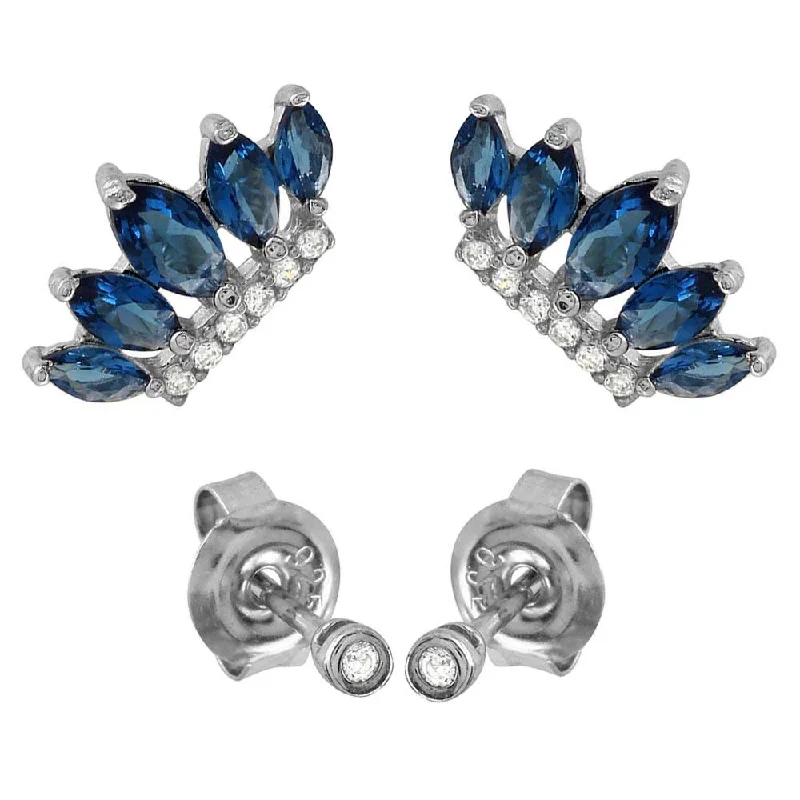 ladies-star-diamond-earrings-Rhodium Plated 925 Sterling Silver 2 CZ Studs and 2 Blue Crown Earrings - GME00085RH