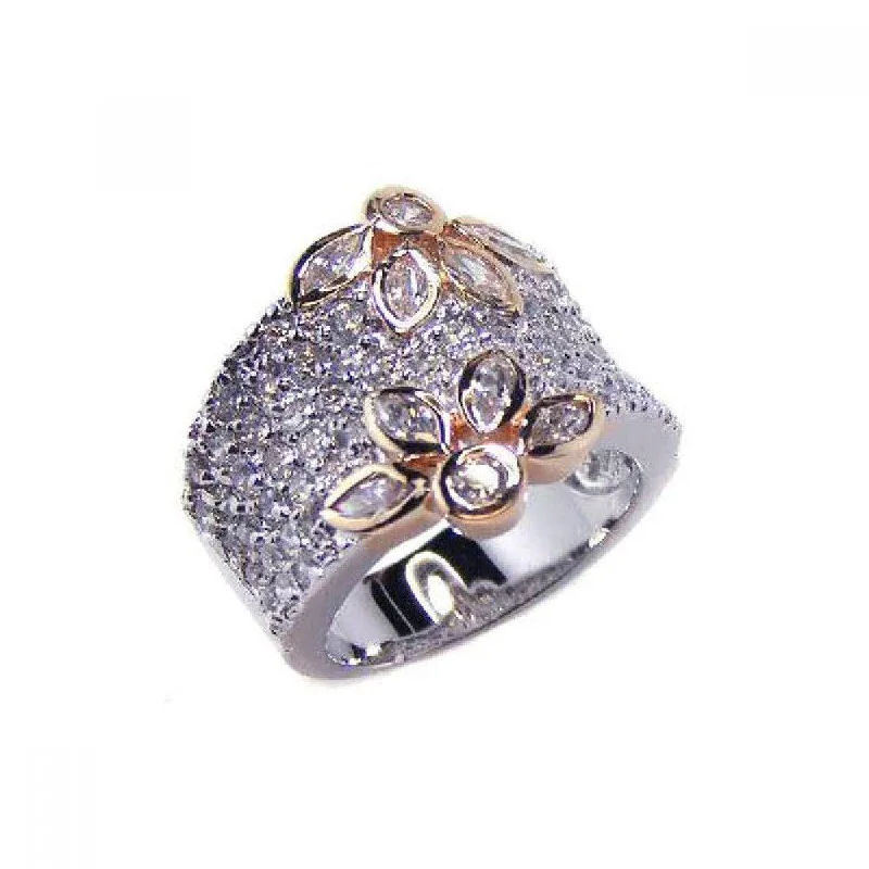 ladies ring cyber monday exclusive-Clearance-Silver 925 Rhodium and Gold Plated Clear Pave Set CZ Flower Ring - BGR00041