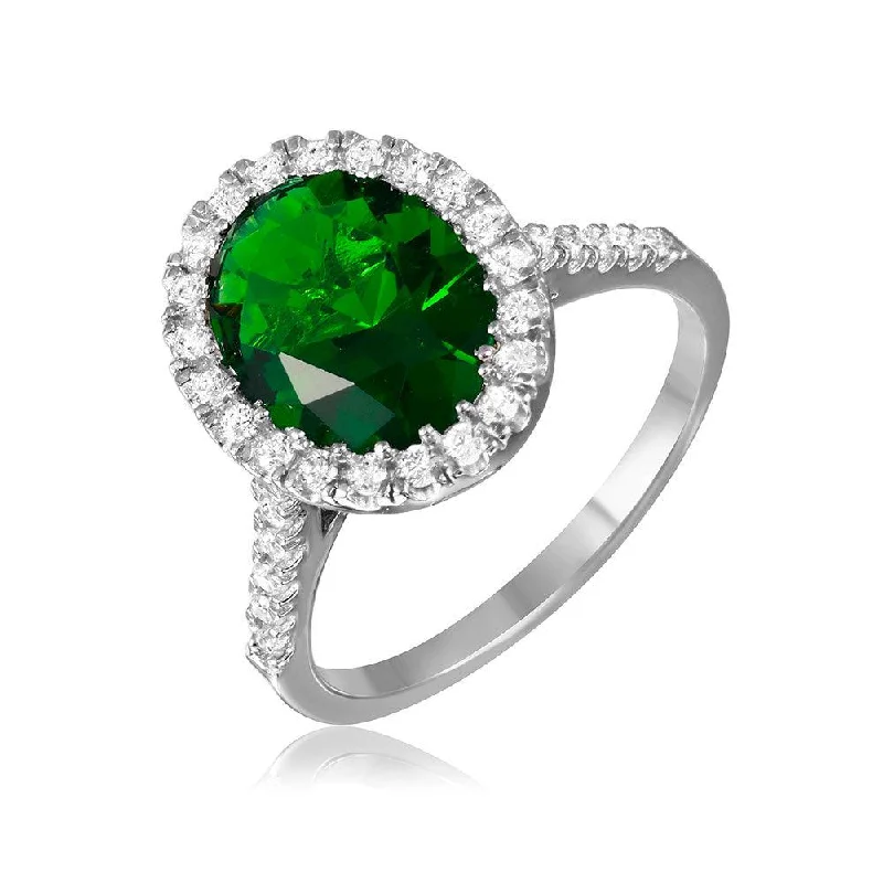 ladies ring refined open band-Silver 925 Rhodium Plated Green Oval Halo Ring with CZ Stones - GMR00099G