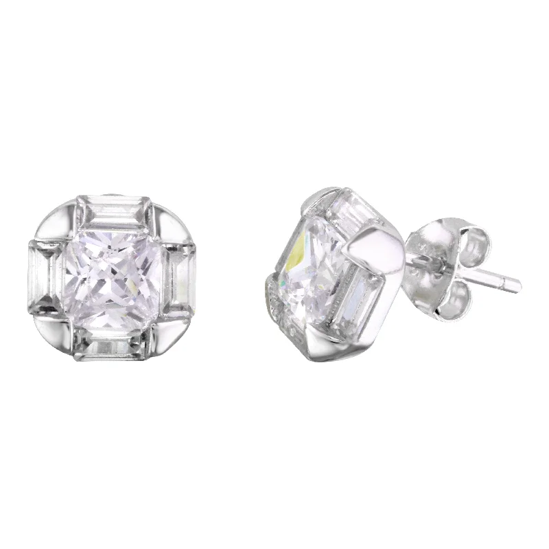 ladies-unique-crystal-earrings-Rhodium Plated 925 Sterling Silver CZ Stud Earrings - BGE00567