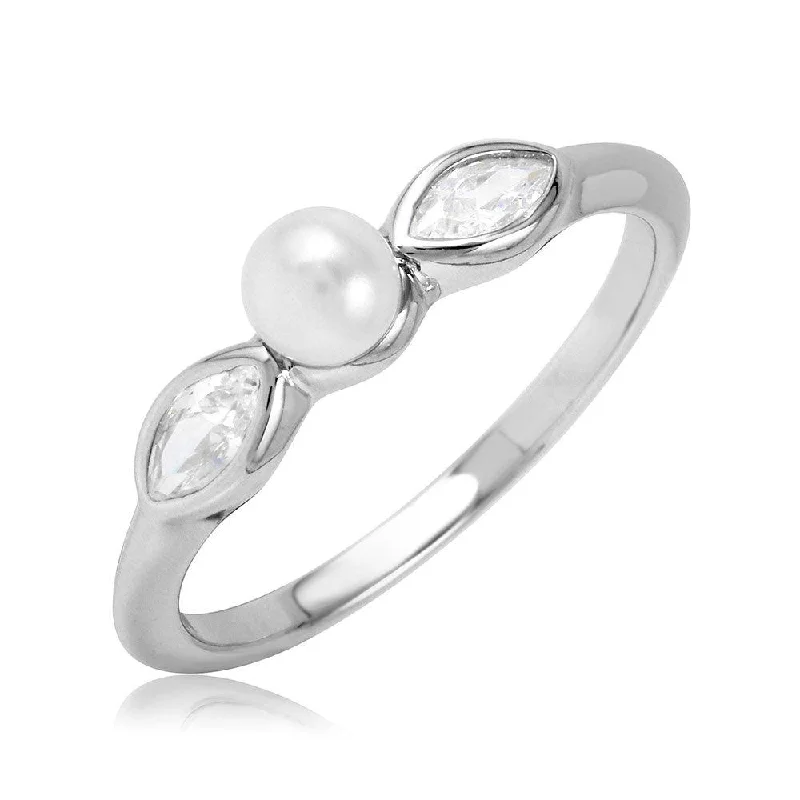 ladies ring mother’s love design-Silver 925 Rhodium Plated Cats Eye CZ Synthetic Pearl Center Stone Ring - BGR01078