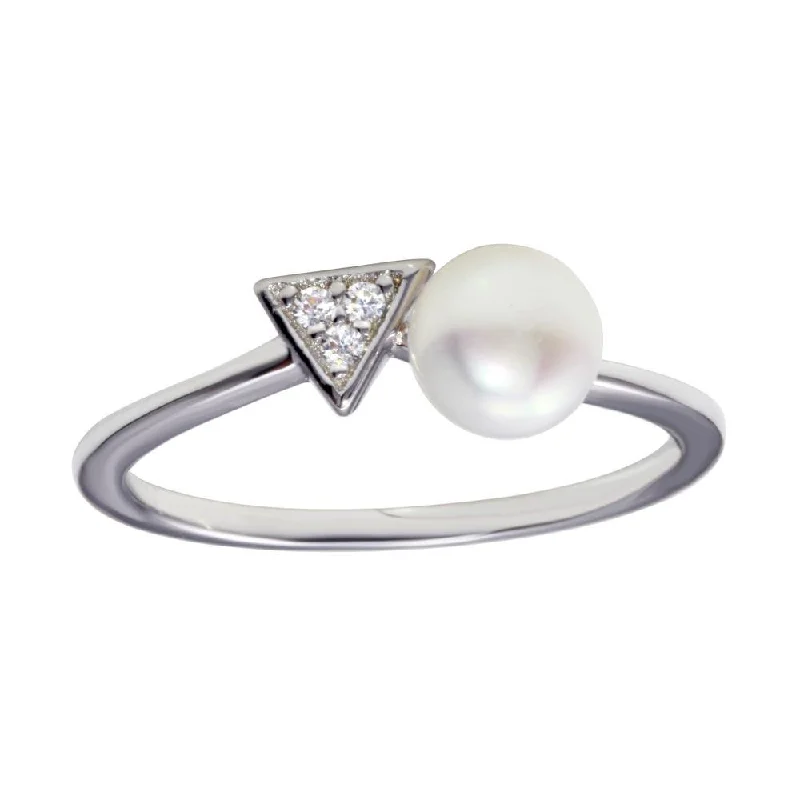 ladies ring fall aventurine-Rhodium Plated 925 Sterling Silver CZ and Synthetic Pearl Ring - BGR01188