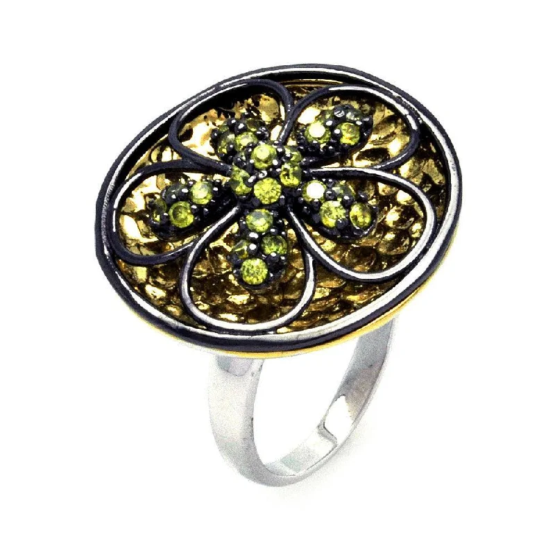 ladies ring unique vine pattern-Clearance-Silver 925 Rhodium Black Rhodium and Gold Plated Black and Yellow CZ Flower Disc Ring - STR00862