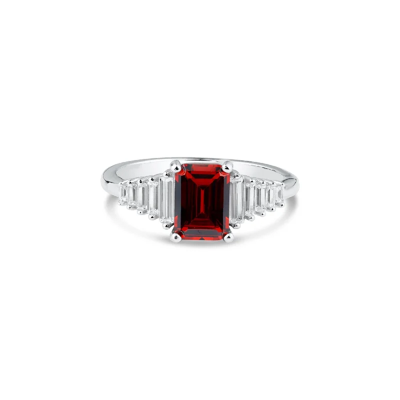 ladies ring chic crossover-Rhodium Plated 925 Sterling Silver Square Clearn and Red CZ Ring - BGR01358