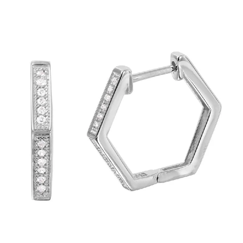 ladies-vintage-dangle-earrings-Silver 925 Rhodium Plated Thin Octagon CZ Hoop Earrings - GME00033RH