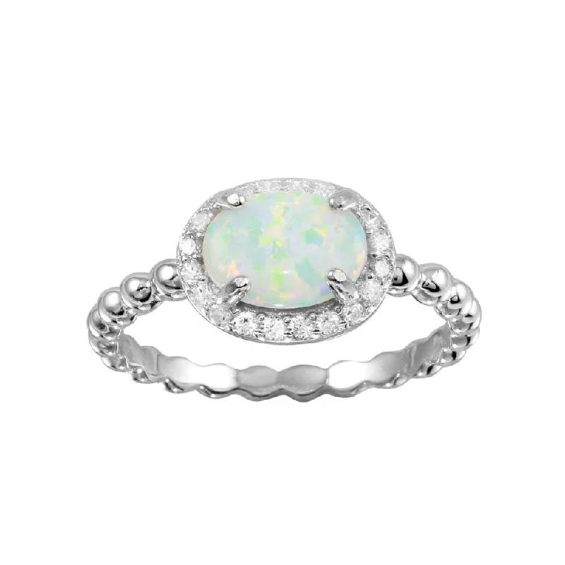 ladies ring vibrant peridot-Rhodium Plated 925 Sterling Silver Oval Halo Opal CZ Beaded Design Band Ring - BGR01272