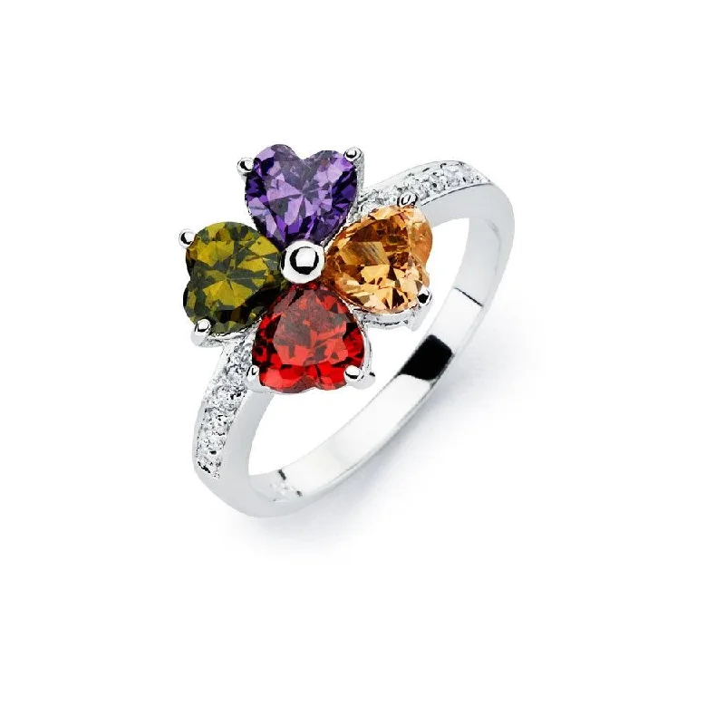 ladies ring dynamic twist design-Silver 925 Rhodium Plated Multi Colored CZ Flower Ring - BGR00563