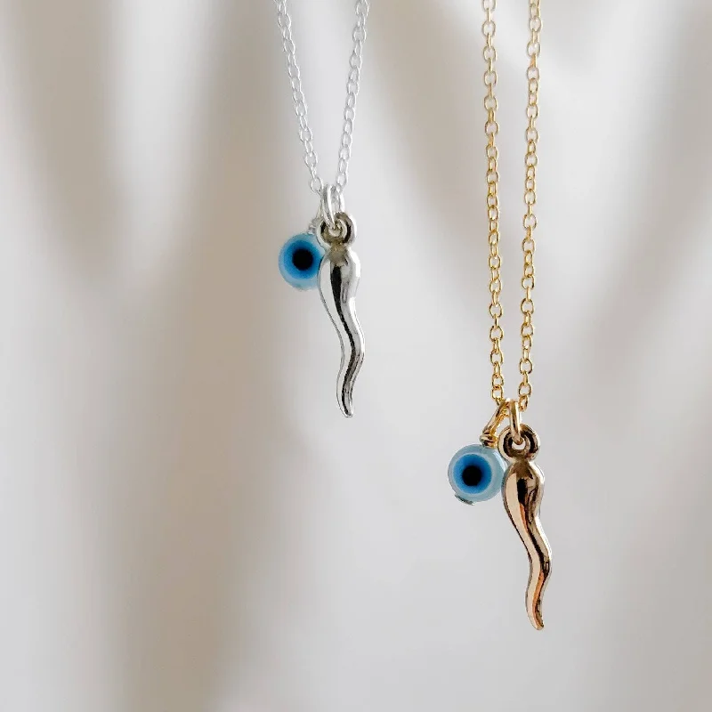 ladies-elegant-gold-necklace-Tiny Italian Horn & Evil Eye Necklace