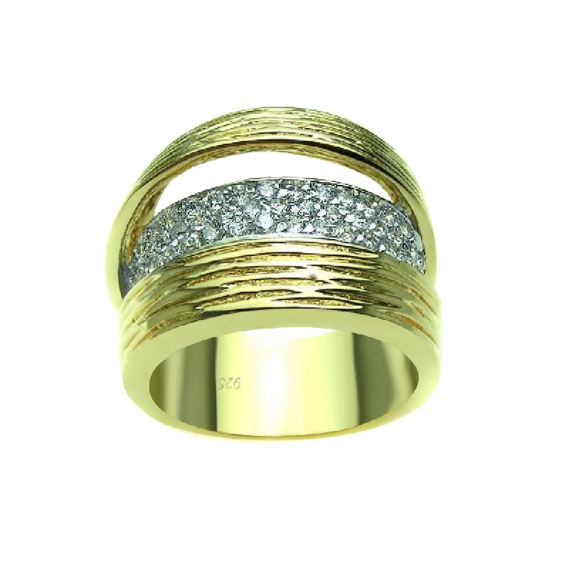 ladies ring zodiac inspired-Clearance-Silver 925 Rhodium and Gold Plated Pave Set Clear CZ Ring - BGR00178