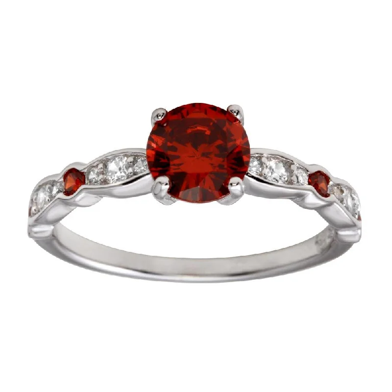 ladies ring elegant leaf motif-Rhodium Plated 925 Sterling Silver Red Center Stone CZ Ring - BGR01191RED