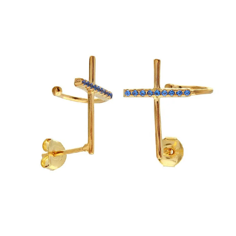 ladies-dangle-gold-earrings-Silver 925 Gold Plated Climbing Cross Earrings with Blue CZ Stones - BGE00493