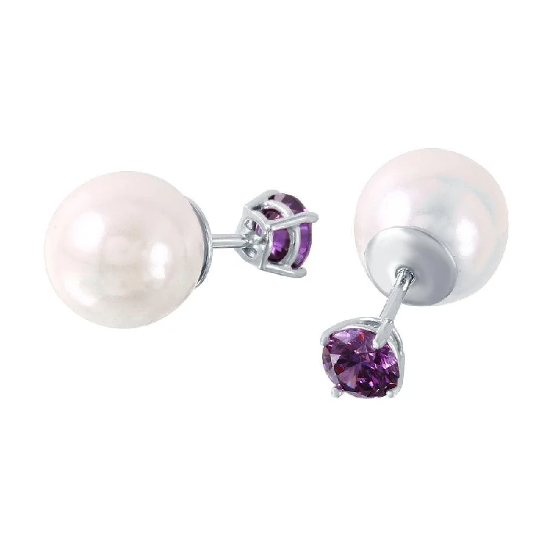 ladies-gemstone-chandelier-earrings-Rhodium Plated 925 Sterling Silver Faux Pearl Purple CZ Front and Back Earring - STE00984FEB