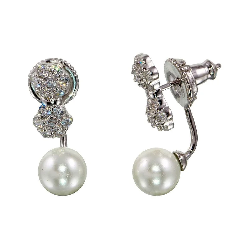 ladies-moon-pearl-earrings-Rhodium Plated 925 Sterling Silver CZ Flowers Pearl Drop Front and Back Earrings - BGE00564