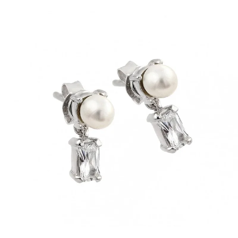 ladies-short-pearl-earrings-Silver 925 Rhodium Plated Baguette Clear CZ Pearl Dangling Stud Earrings - STE00887