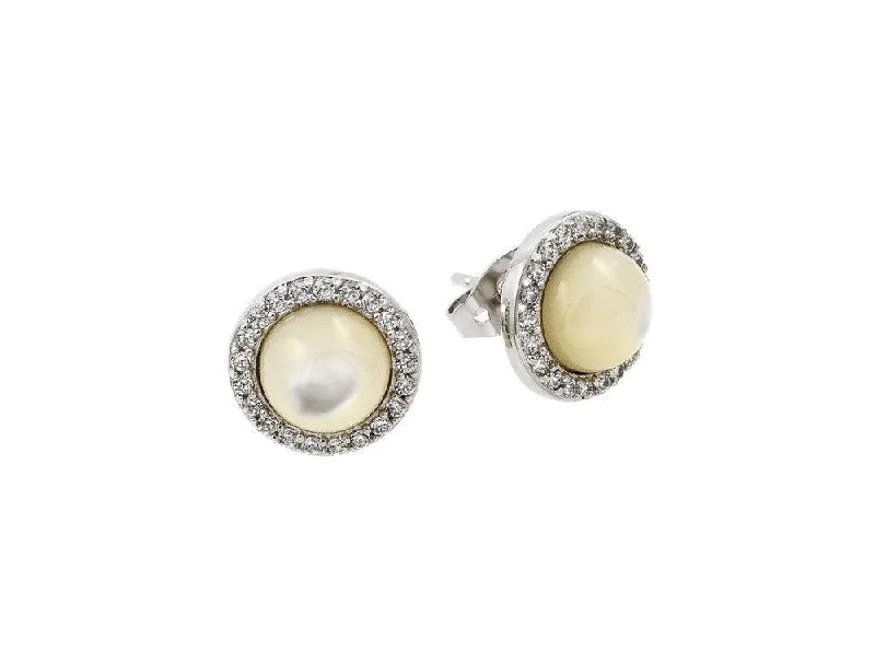 ladies-vintage-pearl-earrings-Silver 925 Rhodium Plated Round CZ Outline Center Pearl Stud Earrings - BGE00410RHD