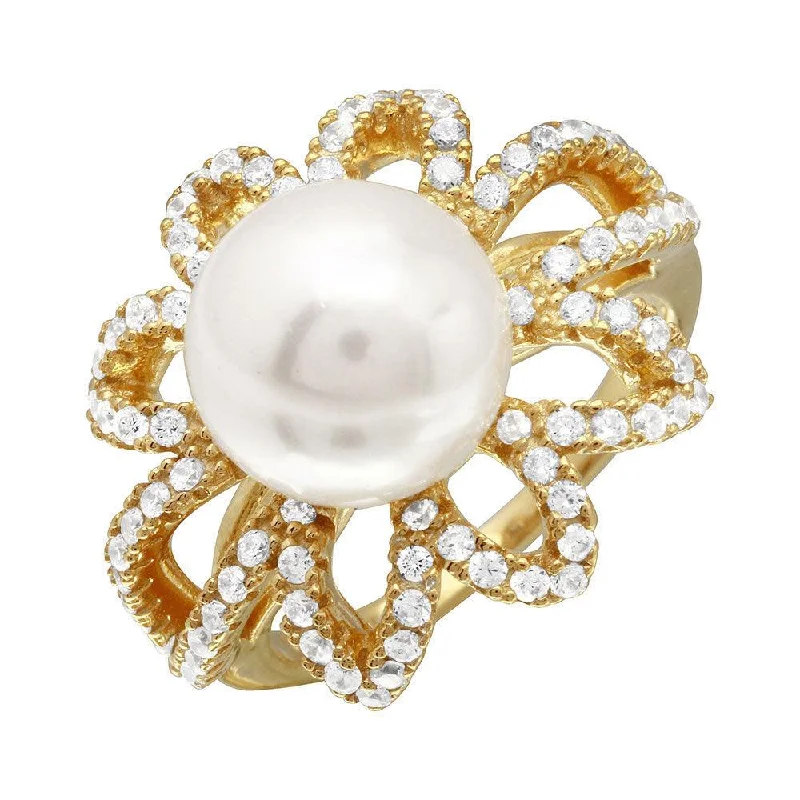 ladies ring valentine’s heart-Gold Plated 925 Sterling Silver Open CZ Flower Ring with Synthetic Center Pearl - BGR01096