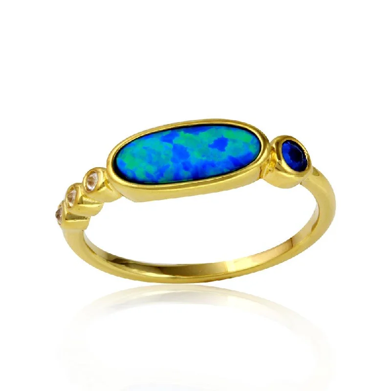 ladies ring earthy tiger’s eye-Gold Plated 925 Sterling Silver Blue Opal Ring with Blue and Clear Round CZ - BGR01117