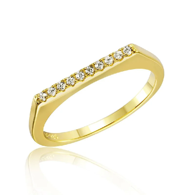 ladies ring satin sterling silver-Silver 925 Gold Plated Stackable Flat Top CZ Ring - STR01047GP