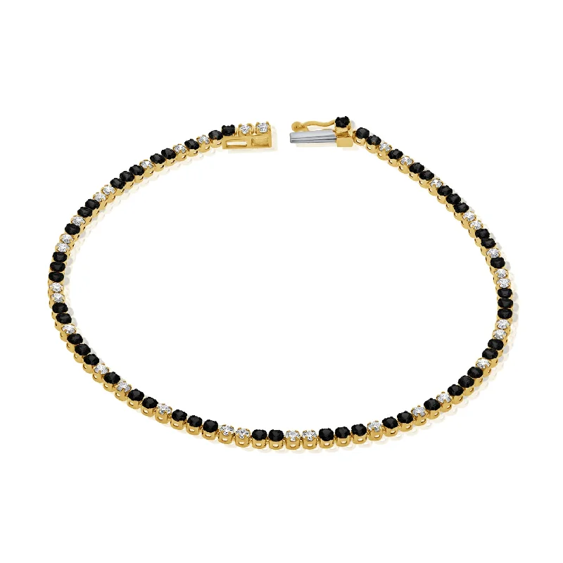 Ladies bracelets detailed craftsmanship -Sleek 14K Gold Black Diamond and Diamond Tennis Bracelet