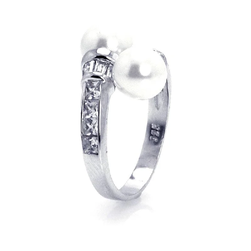 ladies ring luminous halo design-Silver 925 Rhodium Plated CZ Double Pearl Ring - STR00505