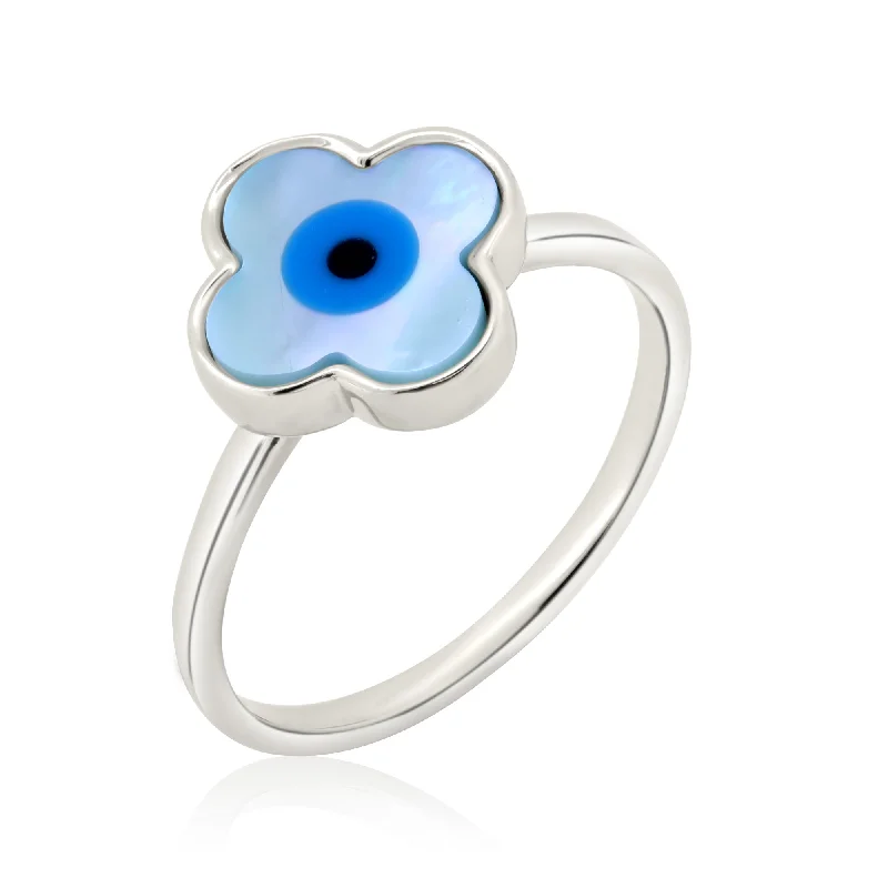 ladies ring trendy star detail-Rhodium Plated 925 Sterling Silver Flower Eye Mother of Pearl Ring - AAR0090