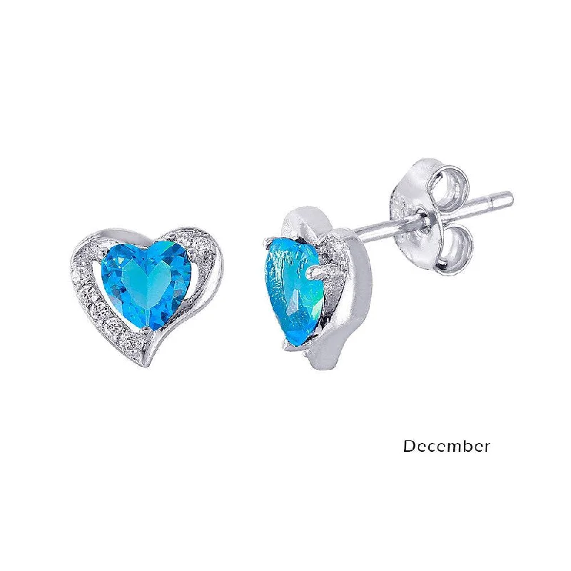 ladies-short-silver-earrings-Rhodium Plated 925 Sterling Silver Heart with Birthstone Center Stud Earrings December - STE01028-DEC