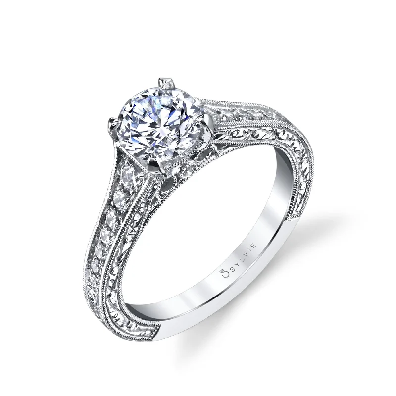 engagement-sapphire-vintage-ring-Sylvie Collection 14K White Gold Round Engagement Ring Setting