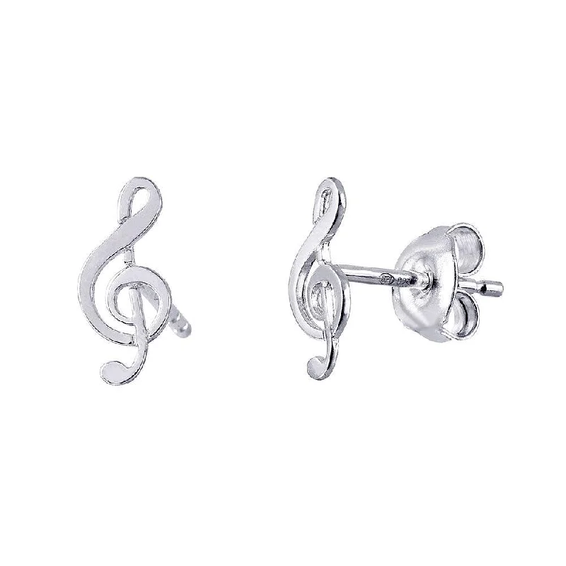 ladies-party-statement-earrings-Silver 925 Rhodium Plated Music Treble Clef Shaped Stud Earrings - GME00018RH