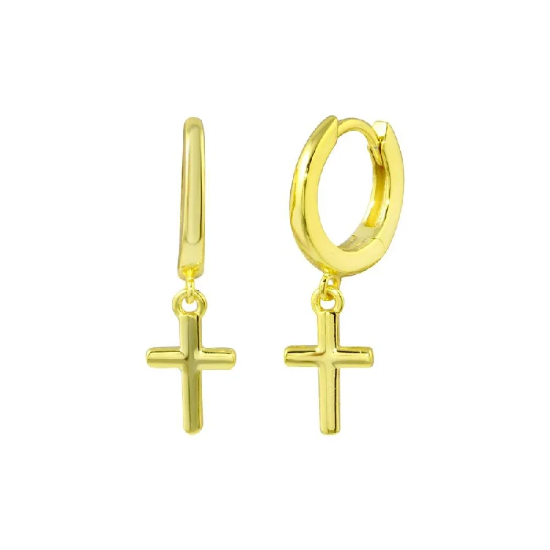 ladies-delicate-gold-earrings-Gold Plated 925 Sterling Silver huggie hoop Cross Earring - STE01300GP