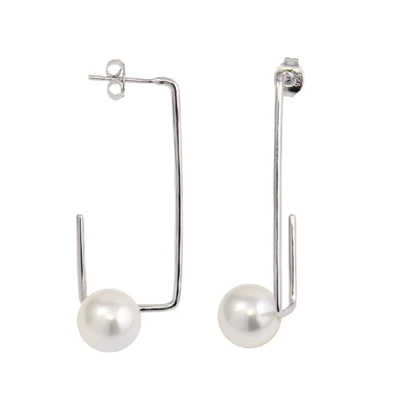 ladies-pearl-dangle-earrings-Rhodium Plated 925 Sterling Silver Rectangular Dangling Earrings with Synthetic Pearl - STE01132