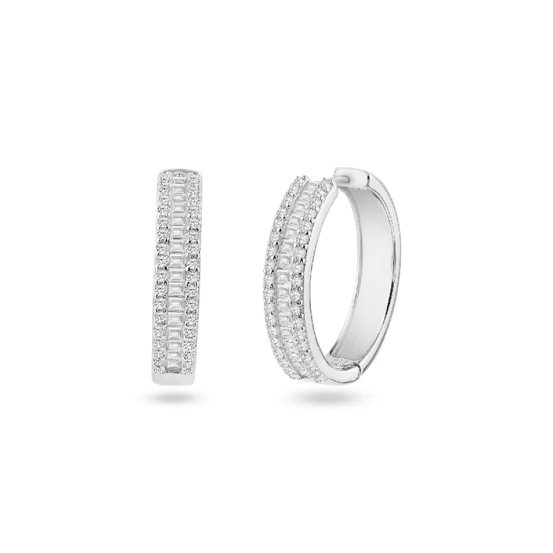 ladies-gemstone-stud-earrings-Rhodium Plated 925 Sterling Silver Pave Huggie Hoop Earring 26mm - STE01337