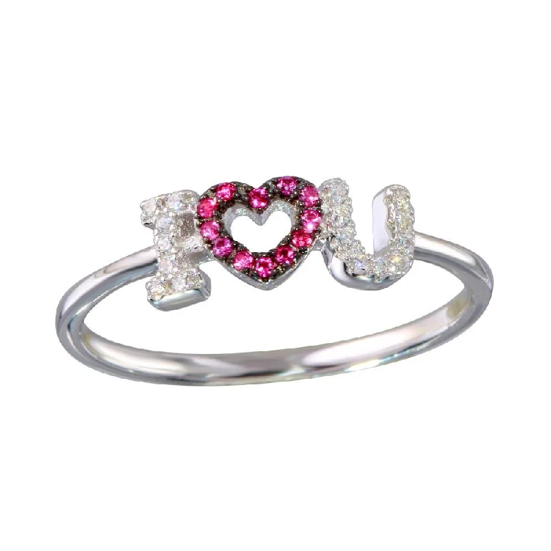 ladies ring animal paw print-Rhodium Plated 925 Sterling Silver "I Heart U" Ring - BGR01151