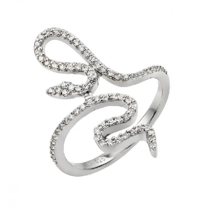 ladies ring bold statement gem-Silver 925 Rhodium Plated Clear CZ Inlay Snake Wrap Ring - STR00966