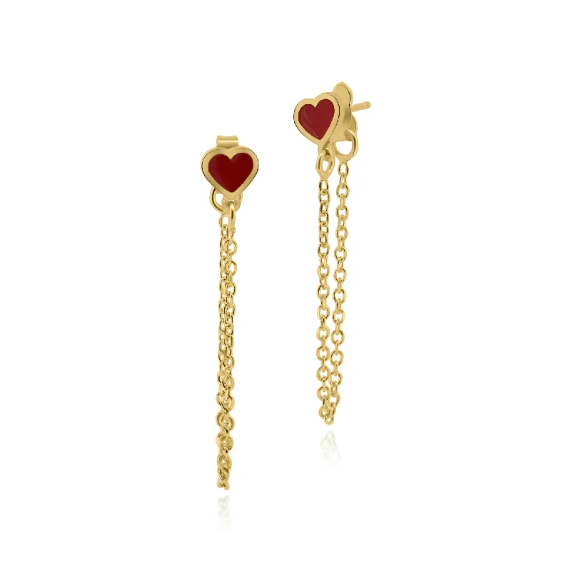 ladies-silver-stud-earrings-Gold Plated 925 Sterling Silver Dangling Heart Red Enamel Stud Earrings - ITE00096-GP