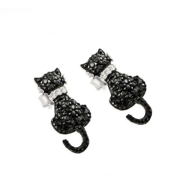 ladies-tassel-earrings-Silver Black and Silver Rhodium Plated Cat Black and Clear CZ Dangling Stud Earrings - STE00904