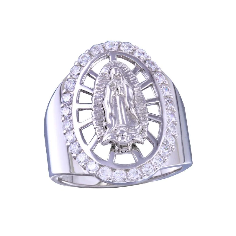 ladies ring name zirconia-Rhodium Plated 925 Sterling Silver Oval CZ Lady of Guadalupe Center Ring - GMR00256RH